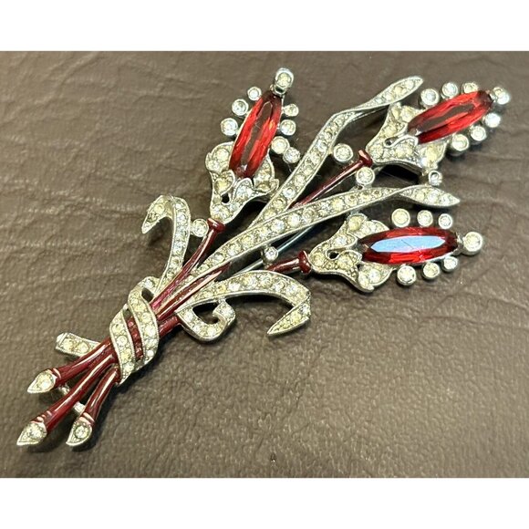 VTG 1941 Signed TRIFARI Krussman Fishel A. Spaney Floral Spray Enamel Brooch Pin - Picture 8 of 12